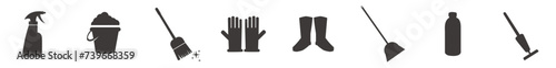 Floor mop icons. Mop, Bucket, gloves, boot, cleaner symbol.  photo
