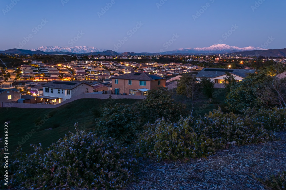 Sunset Terracina Overlook Temecula, California Fresh Snow San Bernadino and San Jacinto mountains