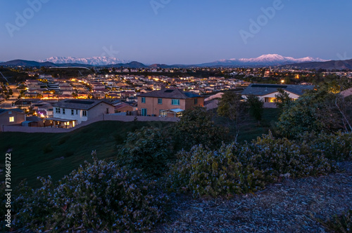 Sunset Terracina Overlook Temecula, California Fresh Snow San Bernadino and San Jacinto mountains photo