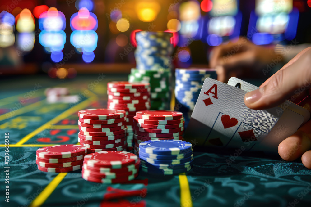 Friends gambling poker roulette in casino - obrazy, fototapety, plakaty 