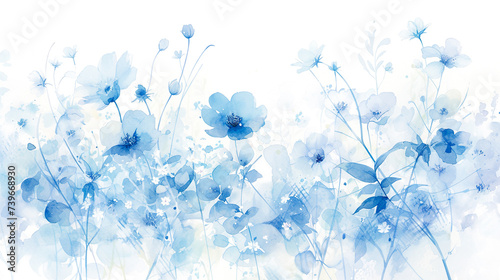 淡い青色のグラデーションの花の水彩イラスト背景