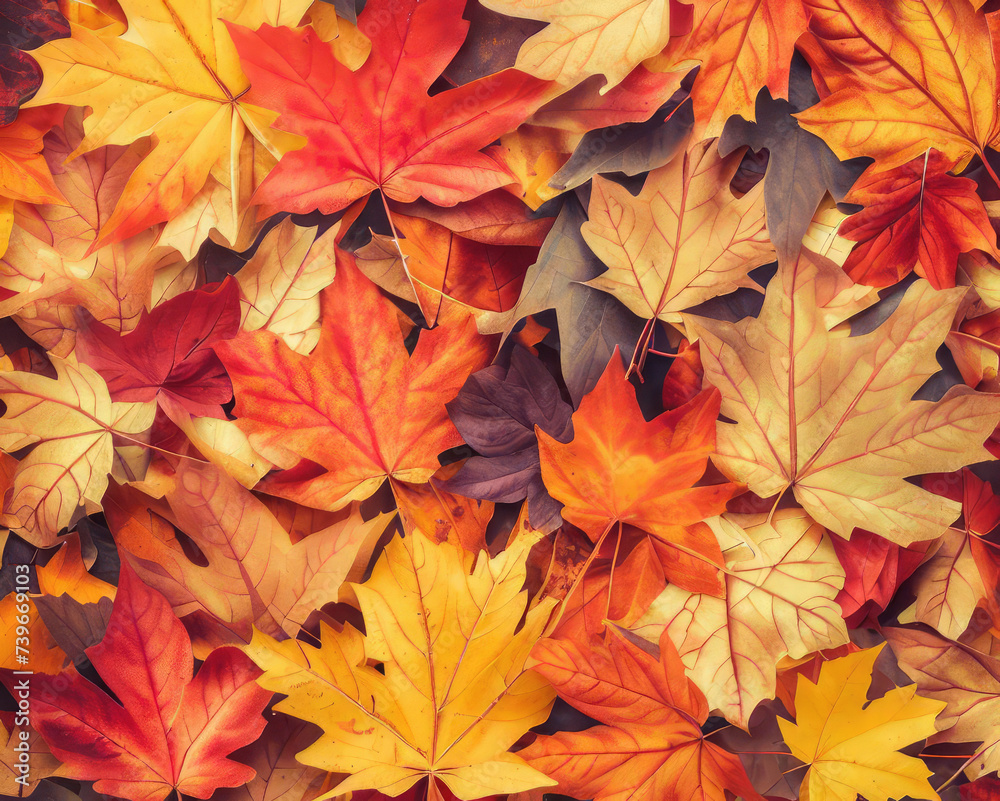 Autumn maple tree leaves full frame arrangement with many colorful leaves