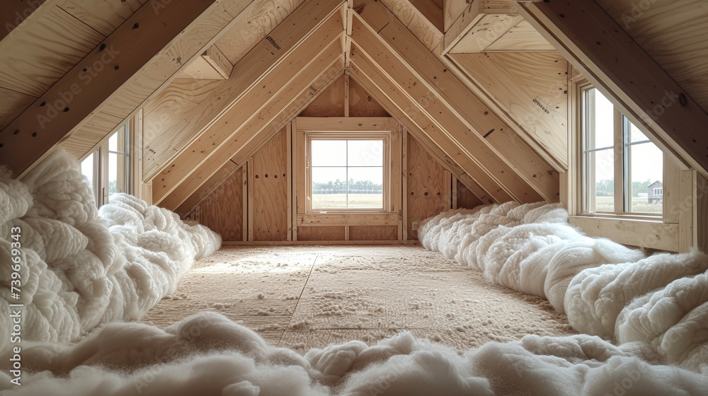 The third image showcases a unique od for insulating attic walls. Instead of traditional insulation material the walls are covered with a layer of spray foam insulation. The - obrazy, fototapety, plakaty 