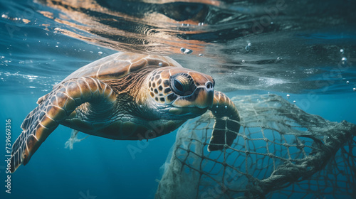 green sea turtle trapped inside fishing net while swimming in the polluted water in ocean illustration