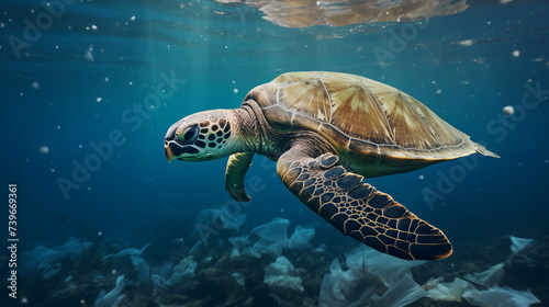 green sea turtle swimming in the polluted ocean surrounded with plastic and trash waste in the water environment illustration  © nawaitgraph