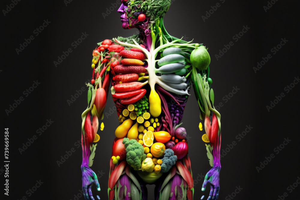 Human body made of variety of colorful vegetables