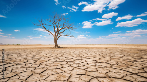 dead tree trunk in the middle of cracked drought desert land with hot blue sky background climate crisis Environment illustration 