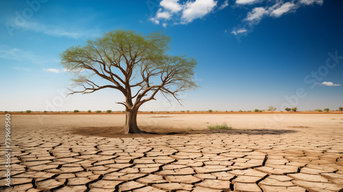 one tree in the middle of cracked drought desert land with blue sky background climate crisis Environment illustration 