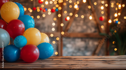 Colorful balloons on a rustic wooden table with warm bokeh light background, festive decoration for birthday or party celebration, with copy space for text
