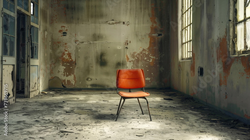 Orange chair stands out in an abandoned room with peeling walls, capturing a concept of loneliness and decay with copy space for text