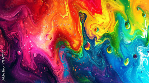 Molten Rainbow Chaos A chaotic and wild swirl of vibrant colors as blobs of liquid in every hue mix and merge to create a psychedelic and unpredictable abstract landscape.