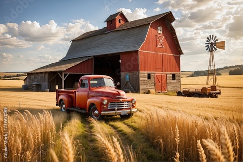 Red Barn, a Windmill, and an Old Truck