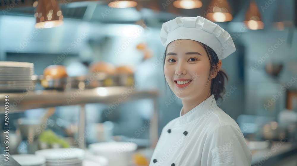 In a hotel kitchen setting, a portrait of a smiling young female chef in her white uniform, with abundant space for text or design elements