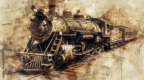 Vintage-styled illustration of a classic steam locomotive with passenger carriages, ideal for historical transportation themes and sepia-toned background designs