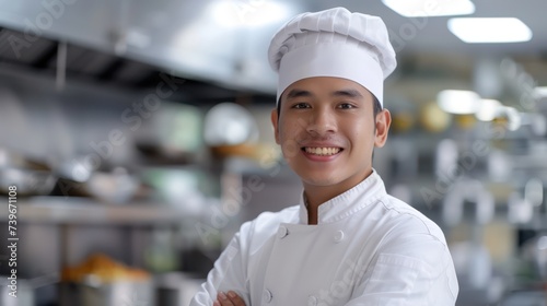 portrait of happy male chef, wearing his white uniform in hotel kitchen, copy space