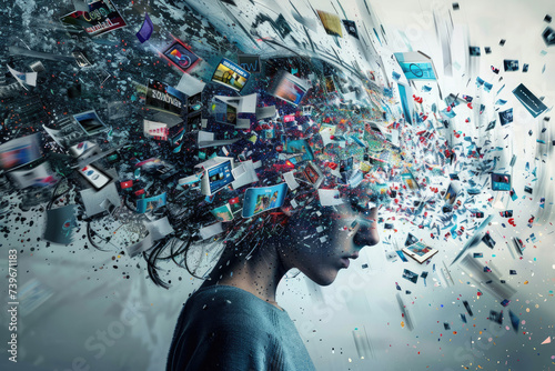 Angry person, Overwhelming information data explode out of head of young human brain, too much media, too much information