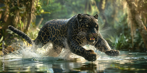 a black panther runs on water in jungle. Dangerous animal photo
