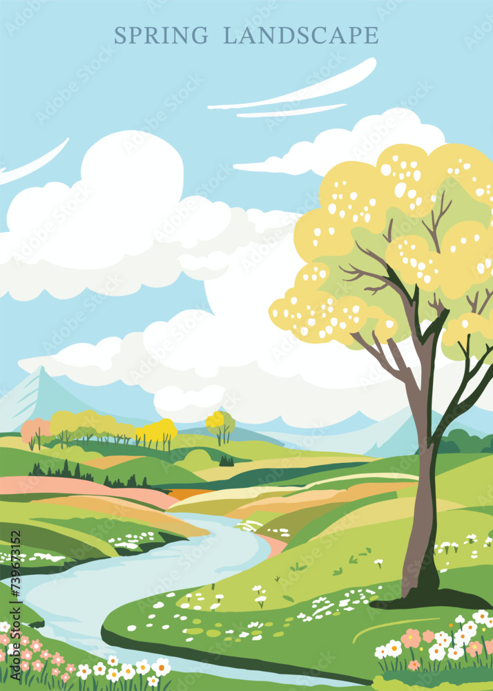 Spring landscape background with mountain and tree Editable vector illustration for postcard,a4 vertical size