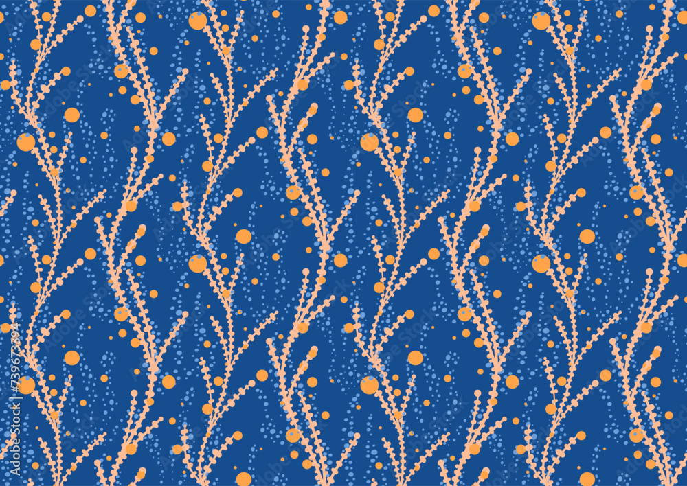 Tropical summer seamless pattern with hand drawn seaweed botanical elements. Vector illustration in pantone peach fuzz, blazing orange, nautical blue colors Tropical summer seamless pattern with hand drawn seaweed botanical elements. Vector illustration in pantone peach fuzz, blazing orange, nautical blue colors