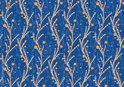 Tropical summer seamless pattern with hand drawn seaweed botanical elements. Vector illustration in pantone peach fuzz, blazing orange, nautical blue colors