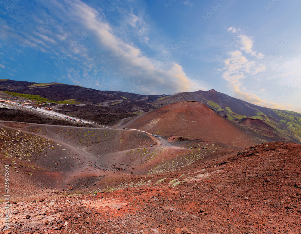 Panoramic wide view of the active volcano Etna, extinct craters on the slope, traces of volcanic activity. Mount Etna, Sicily is the highest active volcano in Europe 3329 m in Italy. - obrazy, fototapety, plakaty 