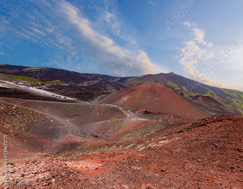 Panoramic wide view of the active volcano Etna, extinct craters on the slope, traces of volcanic activity. Mount Etna, Sicily is the highest active volcano in Europe 3329 m in Italy.