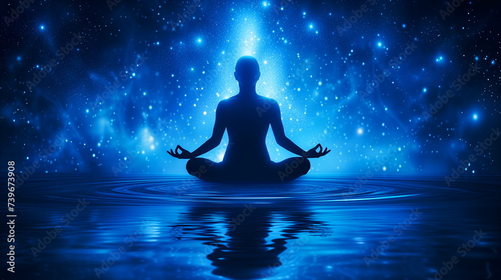 Silhouette of a person meditating in lotus position against a cosmic starry background. Silhouette of a person meditating in lotus position against a cosmic starry background.
