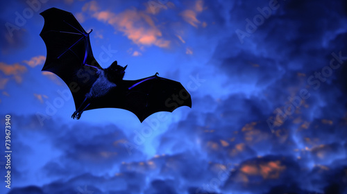 Silhouetted bat flying against a moody twilight sky, ideal for Halloween themes or nocturnal wildlife concepts, with copy space for text