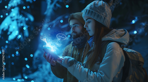 Two travelers with backpacks are holding smartphones and searching a map with a virtual hologram map in front of them. Blurred winter mountain view at night as a background.