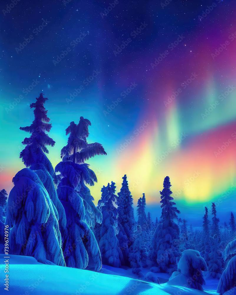 Snowcapped trees under the beautiful night sky with colorful aurora borealis - obrazy, fototapety, plakaty 