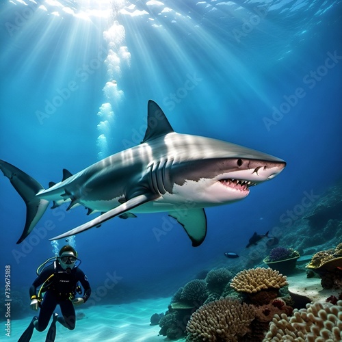 Meeting between shark and diver under ocean water © EVGENII
