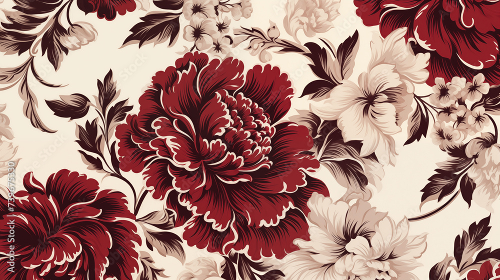 Baroque Bloom: A Floral background Pattern Inspired by the Baroque Era, Radiating in Deep Crimson and Ivory - obrazy, fototapety, plakaty 