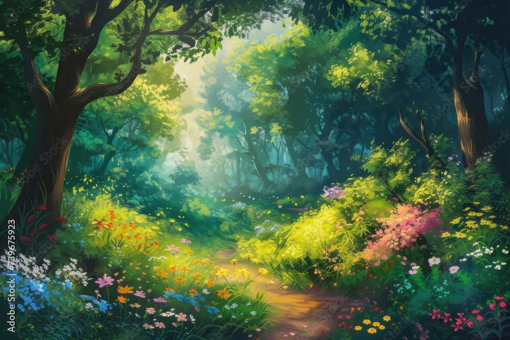Lush and vibrant green forest brimming with summer life. Lush and vibrant green forest brimming with summer life.