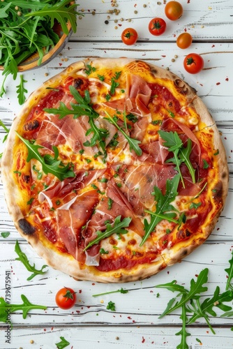 Delicious Neapolitan pizza with prosciutto and arugula