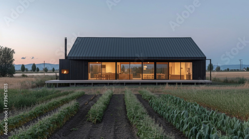 Nestled a fields of wheat and rows of vegetables this minimalist homestead stands out as a peaceful retreat. The sleek functional design of the farmhouse is mirrored in the photo