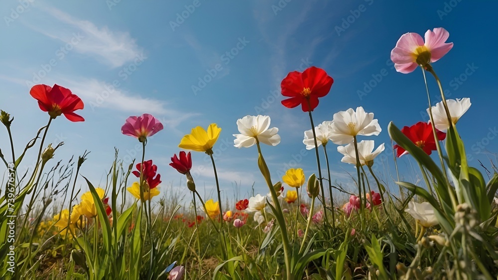 Fototapeta premium Spring flowers in the field with blue sky background
