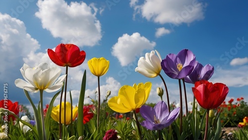 White  red  yellow and purple flowers in a field  spring season floral background.