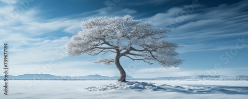 Tree on Snow with Empty Copy Space Banner. Generative AI