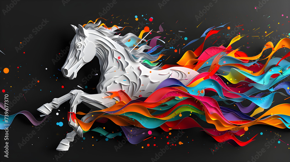 Paper Cut White Horse Riding With Colorful Splashes On Black Background, Generative Ai