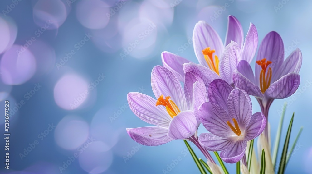 Natural autumn background with delicate lilac crocus flowers on blue sky banner