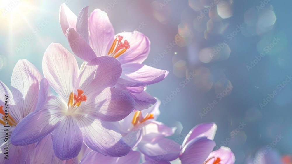 Natural autumn background with delicate lilac crocus flowers on blue sky banner Natural autumn background with delicate lilac crocus flowers on blue sky banner