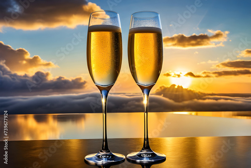 Two champagne glasses, poised side-by-side, empty yet gleaming with anticipation, suspended ethereally among diaphanous clouds, backlit by the soft, golden hues of a setting sun. Generative AI