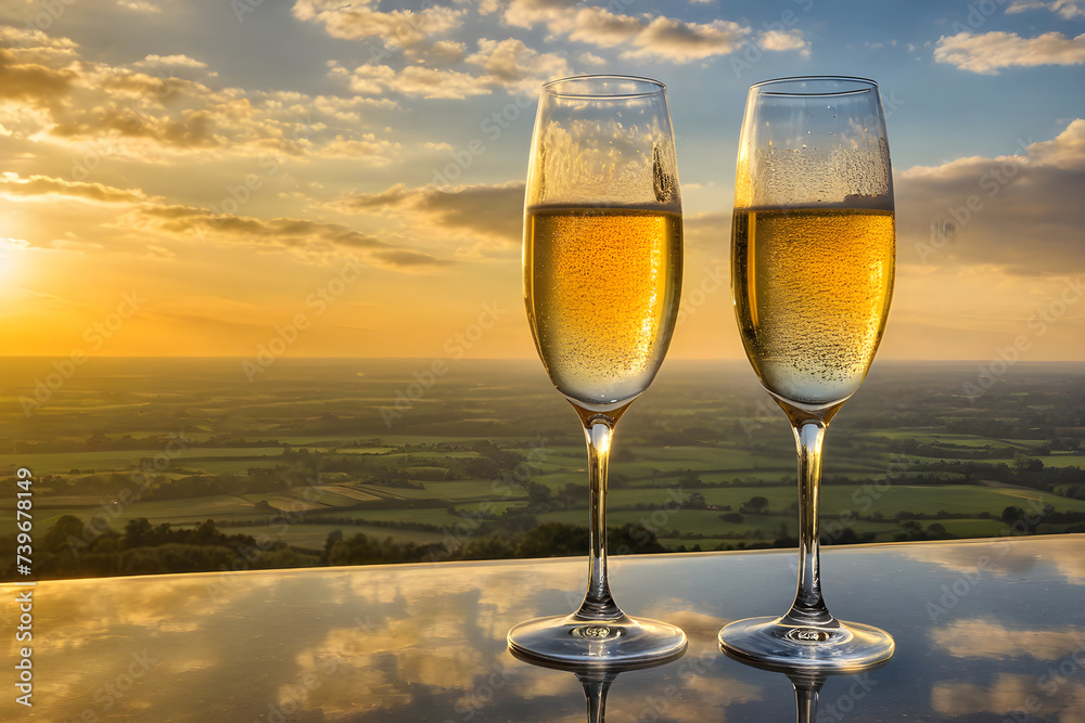 Two champagne glasses, poised side-by-side, empty yet gleaming with anticipation, suspended ethereally among diaphanous clouds, backlit by the soft, golden hues of a setting sun. Generative AI