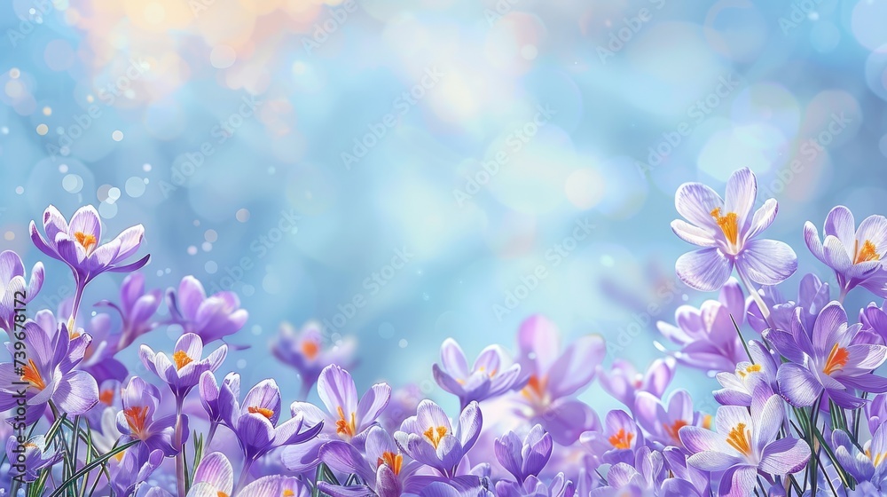 Natural autumn background with delicate lilac crocus flowers on blue sky banner