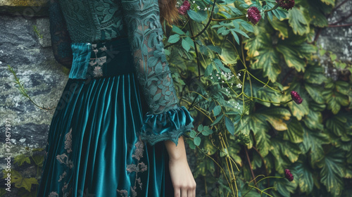 A midi dress in deep forest green velvet with lace sleeves and an intricate floral pattern captures the moody romanticism of a secluded woodland cottage. © Justlight