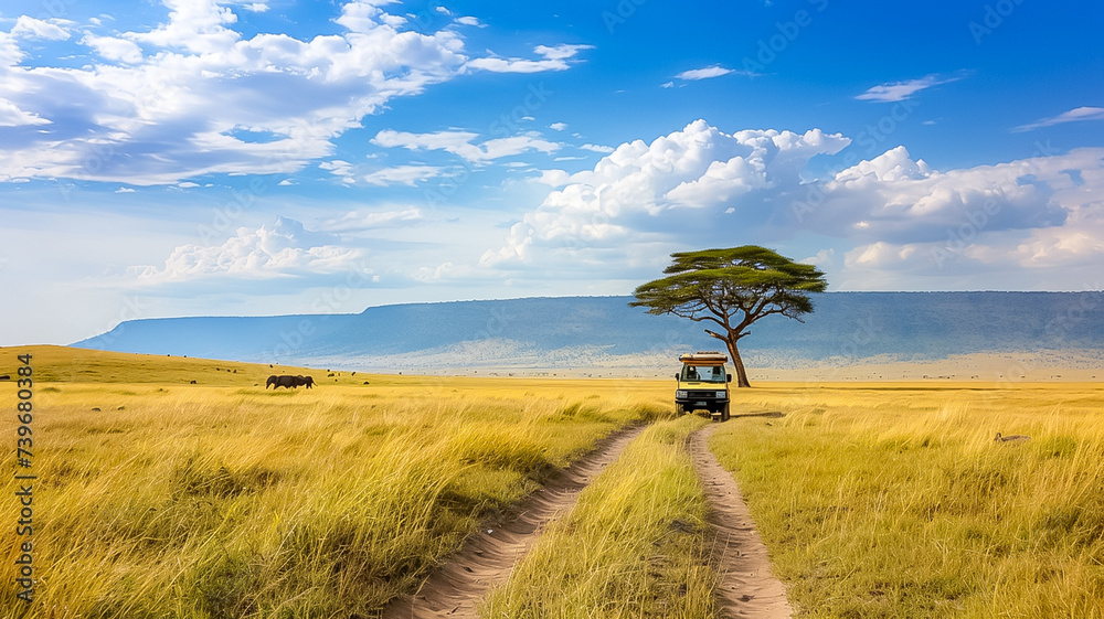 A safari jeep traversing the African savanna encounte A safari jeep traversing the African savanna encounte