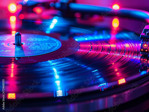 Retro vinyl records and neon colors capturing the essence of 1960s pop culture photo