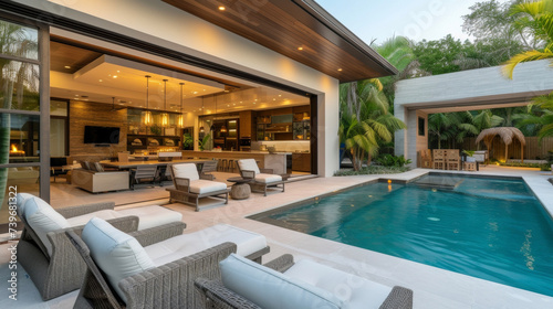Enjoy the best of indooroutdoor living in this tropical modern retreat complete with a private pool and outdoor lounge area. © Justlight