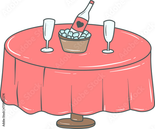 Romantic table setup with champagne and two glasses on a red tablecloth, ideal for Valentine's Day or anniversary celebrations.