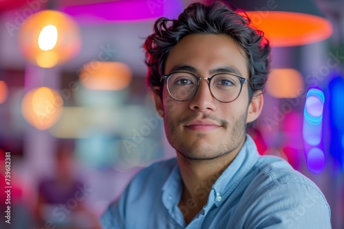 Portrait of a stylish young man with a warm smile, wearing trendy glasses, against a backdrop of soft glowing lights. © Tonton54